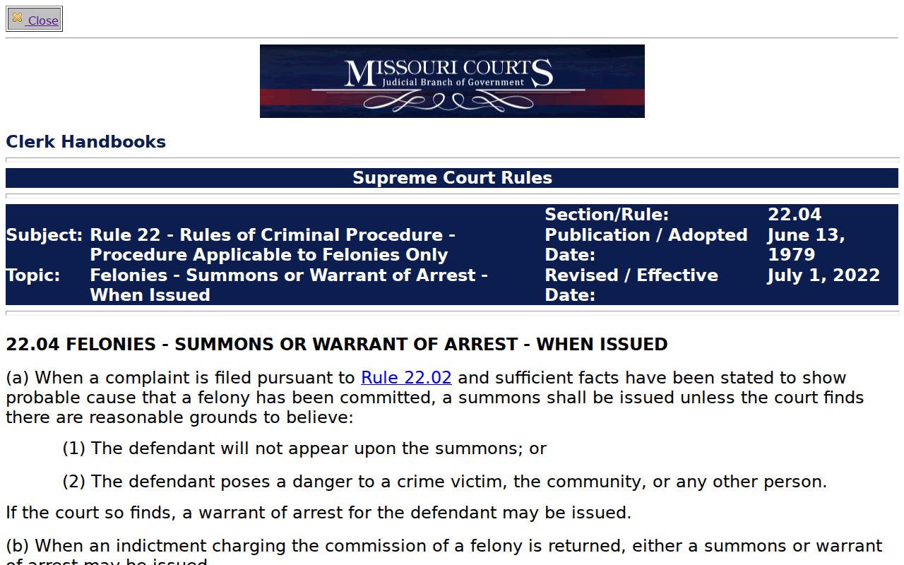 Missouri complaint and probable cause rules for Cedar County arrest warrants