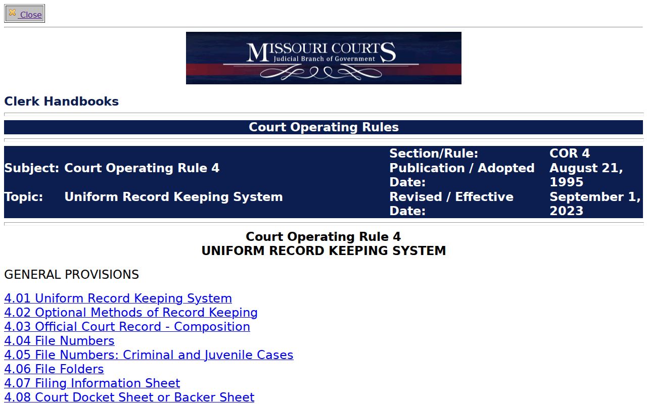 Missouri uniform case record fields used for Cedar County warrant checks