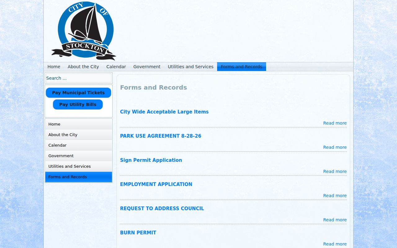 Stockton official forms and municipal ticket records page