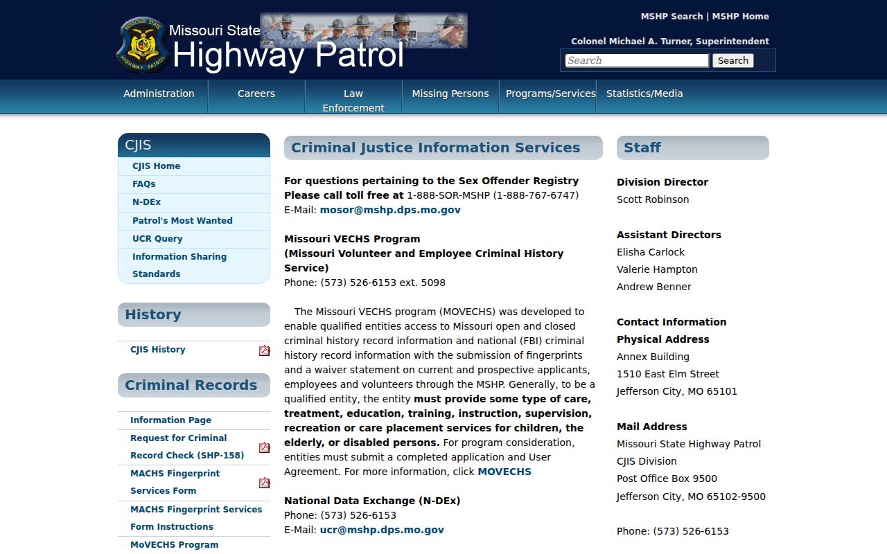 Missouri CJIS landing page and most wanted program navigation