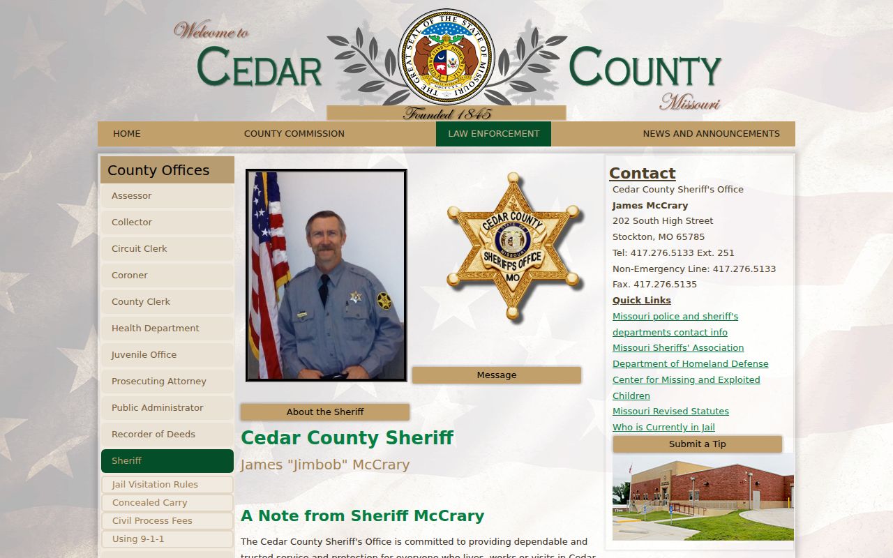Official Cedar County Sheriff contact page for warrant service questions